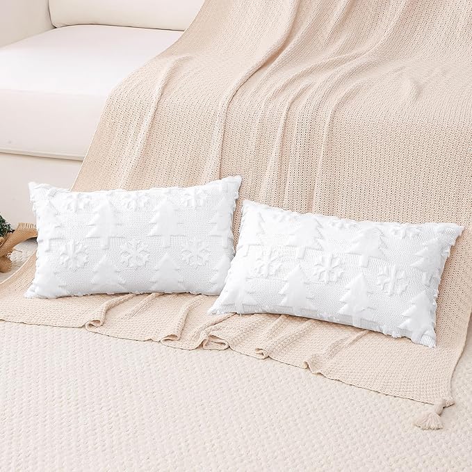 OTOSTAR Set of 2 Xmas Soft Plush Short Wool Velvet Decorative Throw Pillow Covers Rectangular Luxury Style Cushion Case Pillow Shell for Sofa Bedroom Tree and Snowflake White, 16x24 Inch