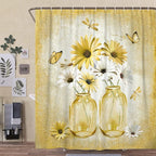 Rustic Farmhouse Yellow Floral Shower Curtain, Sage Green Daisy Flowers Butterfly Dragonfly on Abstract Aesthetic Country Wooden Boho Shower Curtain Set, White Bathroom Accessory with Hooks, 60X70