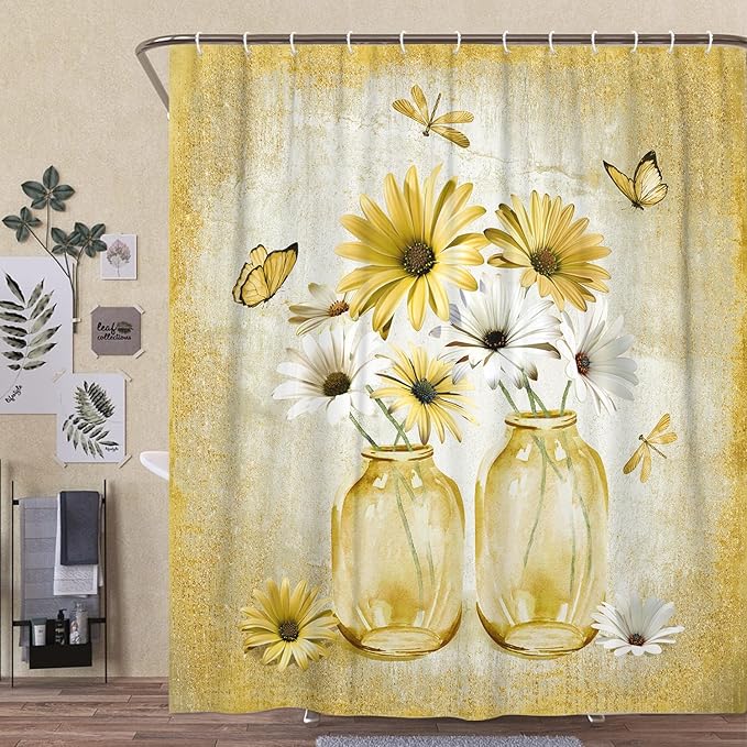 Rustic Farmhouse Yellow Floral Shower Curtain, Sage Green Daisy Flowers Butterfly Dragonfly on Abstract Aesthetic Country Wooden Boho Shower Curtain Set, White Bathroom Accessory with Hooks, 70X70