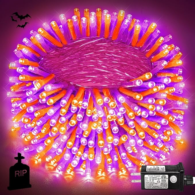 400 LED Halloween String Lights Outdoor, 131 FT Halloween Lights Outdoor Clear Wire with 8 Modes, Plug in Waterproof Christmas Light for Tree Party Christmas Thanksgiving Decorations, Purple&Orange