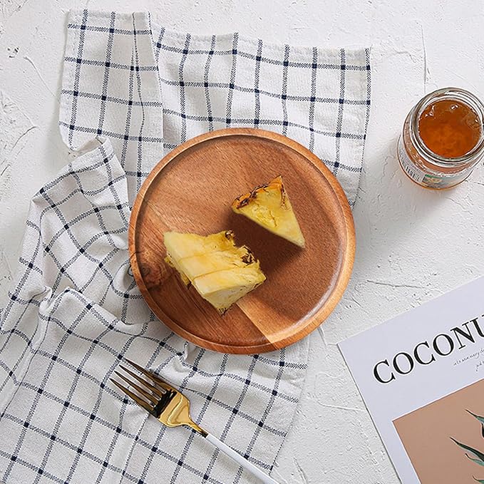 Wooden Acacia Plates of 4, 6Inch Round Wood Plates Acacia Wooden charcuterie boards Serving Tray for Dishes Snack Dessert