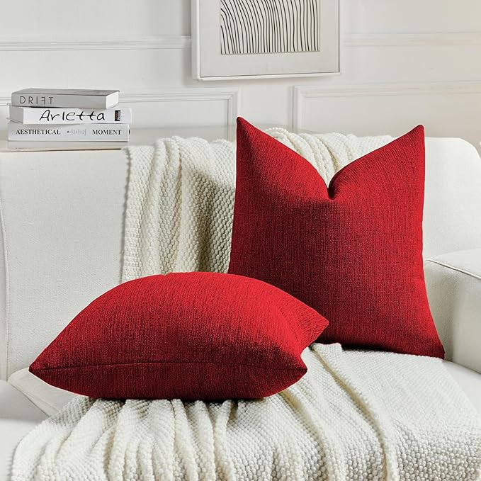FUTEI Red Chenille Decorative Throw Pillow Covers 18x18 Inch Set of 2,Soft Cozy Faux Linen Textured Cushion Case,Farmhouse Home Decor for Couch Living Room