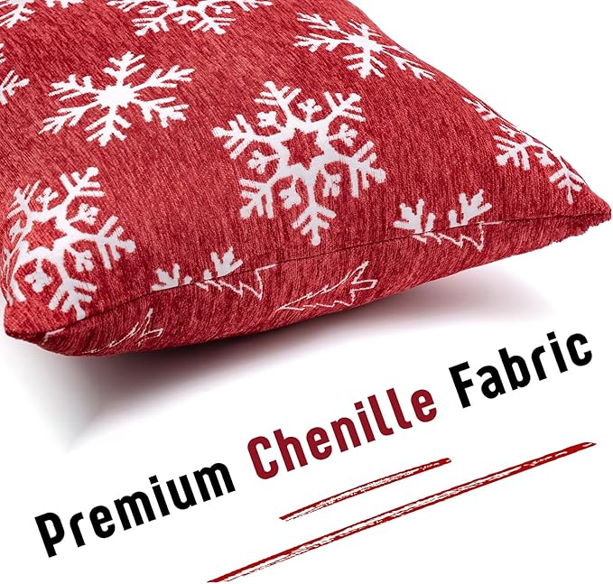 2 Pack Christmas Pillow Covers 18x18, Chenille Double-Sided Snowflake & Christmas Tree Decorative Throw Pillow Cases, Soft Farmhouse Holiday Cushion Covers for Sofa Couch Bed(Red,18x18)