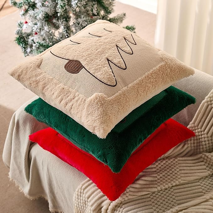 DFXSZ Christmas Pillow Covers 18x18 Green Big Christmas Tree Decoration Soft Plush Faux Fur Jacquard Throw Pillows for Bedroom Sofa Holiday Festivals Winter Home Decor PTK068A18