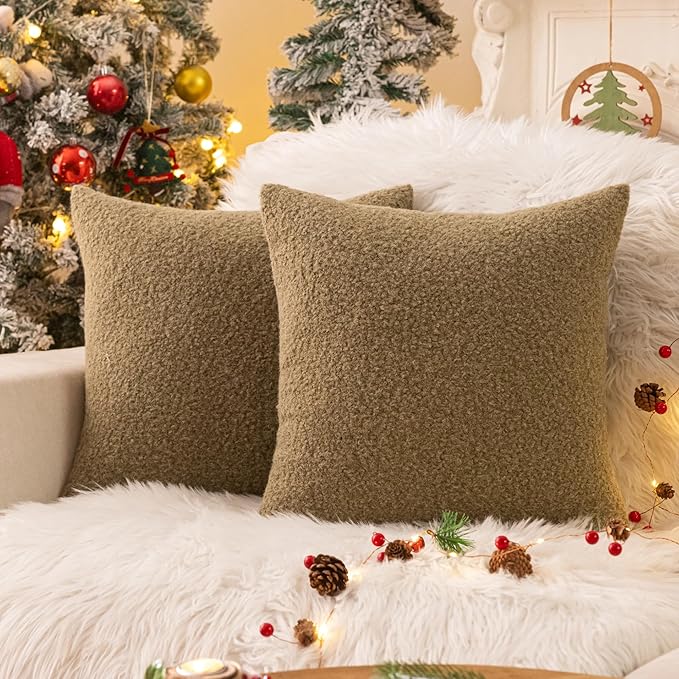 AQOTHES Sage Green Winter Throw Pillow Covers 18x18 Inch Set of 2, Boucle Faux Fur Pillow Covers,Cozy Fluffy Home Living Room Farmhouse Decor for Sofa Couch Bed