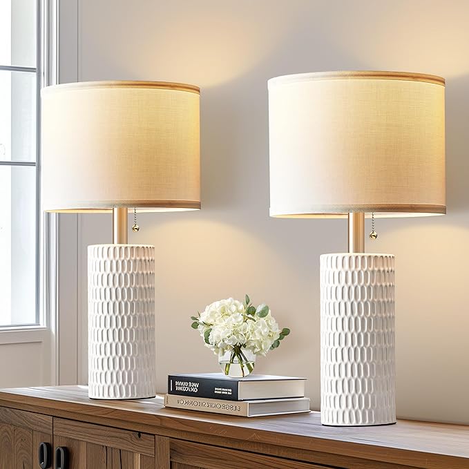 Table Lamps for Living Room Set of 2, Ceramic Table Lamps for Bedroom, 20" Modern Lamps for Night Stands, White