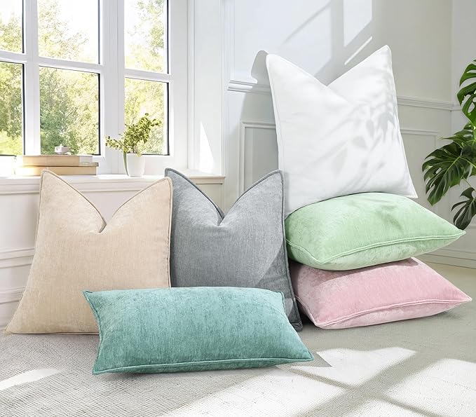 decorUhome Couch Throw Pillow Covers 18x18 Set of 2, Decorative Soft Euro Neutral Chenille Pillow Covers with Elegant Design for Sofa Bed Living Room Home Decor, Aqua Haze