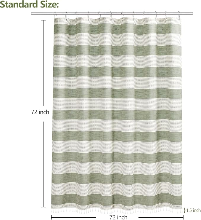 Boho Farmhouse Heavyweight Shower Curtain with Tassels, 350GSM Cotton Linen Woven Fabric Shower Curtain Striped, Sage Green Natural Country Bathroom Curtain Water Repellent