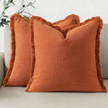 Woaboy Decorative Linen Fringe Throw Pillow Covers Boho Farmhouse Soft Cushion Covers Accent Pillowcases with Tassels for Living Room Couch Sofa Bed Chair,20x20 Inch Set of 2,Rust