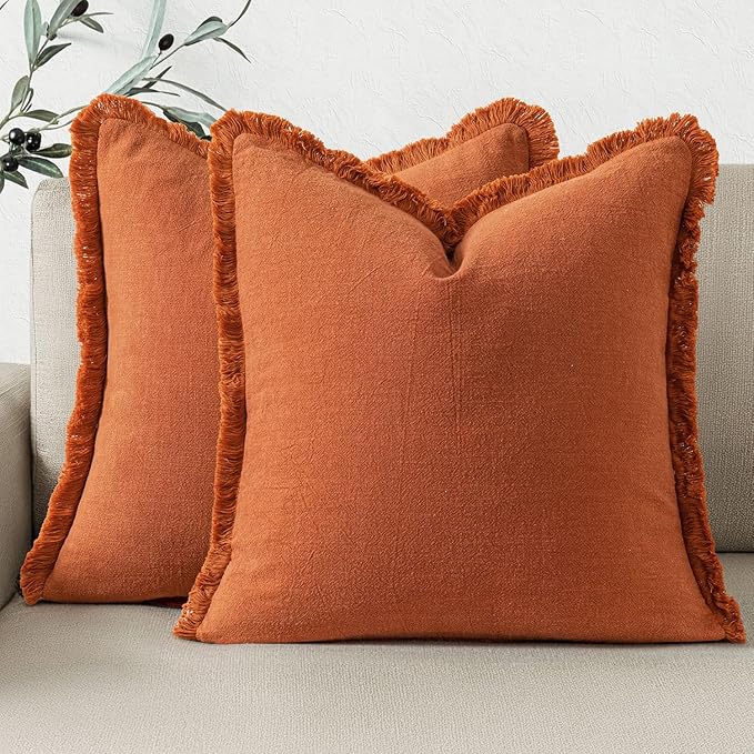 Woaboy Decorative Linen Fringe Throw Pillow Covers Boho Farmhouse Soft Cushion Covers Accent Pillowcases with Tassels for Living Room Couch Sofa Bed Chair,20x20 Inch Set of 2,Rust