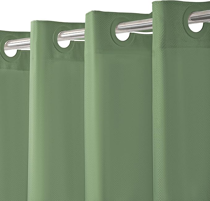 No Hook Shower Curtain, Green Modern Chevron Striped Luxury Hotel Style, Washable Waterproof Fabric for Bathroom, 15 Seconds Quick Install, 72W x 86L Inches