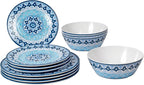 Blue Fontana 12-Piece Melamine Dinnerware Set, 4 Dinner Plates, 4 Salad Plates, 4 Bowls, Dishwasher Safe, Durable