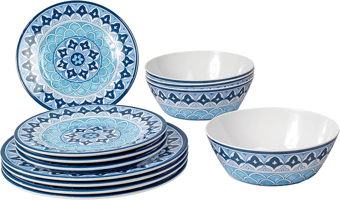 Blue Fontana 12-Piece Melamine Dinnerware Set, 4 Dinner Plates, 4 Salad Plates, 4 Bowls, Dishwasher Safe, Durable