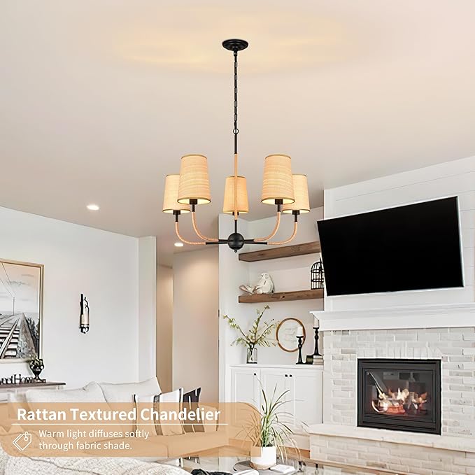 28" Black Boho Rattan Chandelier for Living Room 5-Light Coastal Boho Pendant Light Fixture Bedroom Adjustable Rustic Farmhouse Chandeliers for Dining Room Kitchen Island Foyer Entryway