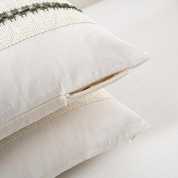 Fancy Homi Set of 2 Boho Olive Green Lumbar Decorative Throw Pillow Cover 12x20 Inch for Couch Bed Sofa Chair, Modern Organic Farmhouse Home Decor, Soft Cotton Cute Accent Rectangle Cushion Case