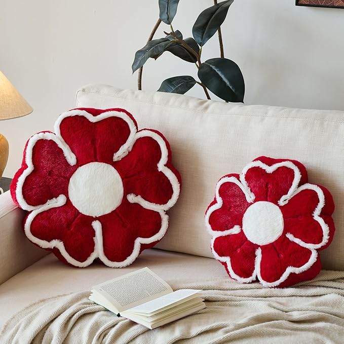 Flower Shaped Decorative Throw Pillow Cushion for Bed Couch, Cute Flower Plush Throw Pillows Home Decor Floor Pillow Seating Cushions (Burgundy, 17.7 Inches)
