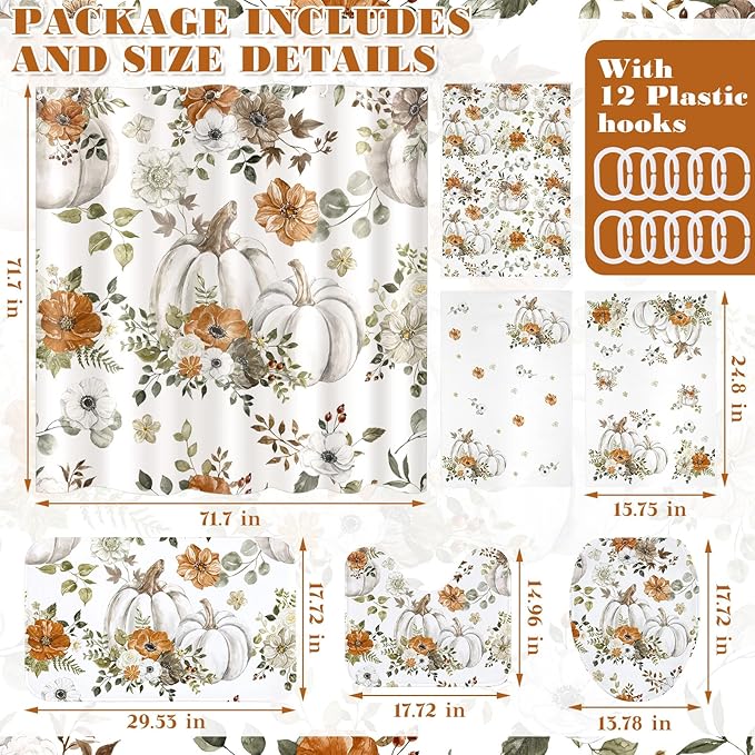 Newwiee 7 Pcs Fall Pumpkin Shower Curtain Sets Vintage Pumpkin Bathroom Set Thanksgiving Bathroom Curtain Shower Set Include Towels Non Slip Rugs Toilet Lid Cover Bath Mat(Autumn Pumpkins Flowers)
