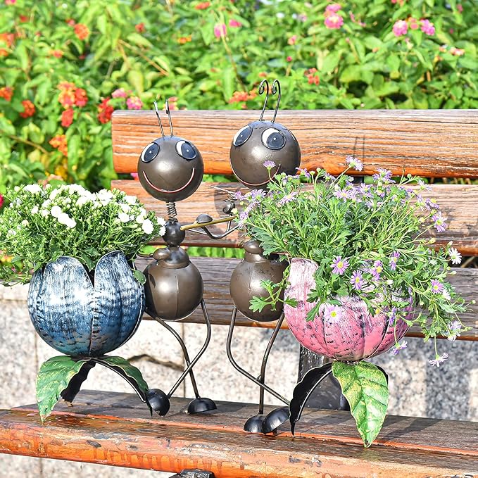 Sungmor 15" Tall Ants Planter, 2PC Pink & Blue Pack, Lovely Ant Statue Metal Flowerpots, Vintage Color Painted Lifelike Decorative Garden Pots, Adorable Animal Plant Pots, Planters for Outdoor Plants
