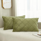 JAUXIO Diamond Pinch Pleated Crystal Velvet Pillowcases 2 Pack Solid Pintuck Throw Cushion Cover for Home Decor Hidden Zipper Closure (Sage, Standard)