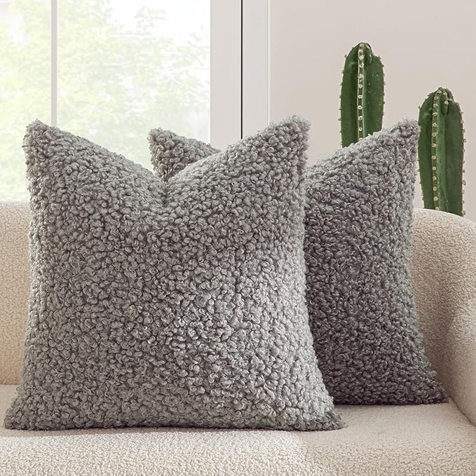 MIULEE Pack of 2 Throw Pillow Covers 18x18 Inch Neutral Gray Faux Fur Decorative Sherpa Pillow Covers Fuzzy Accent Soft Sheepskin Fleece Cushion Cases for Boho Home Decor Couch Living Room Bed