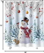 Vandarllin Snowman Shower Curtain, Blue Merry Christmas Tree Red Balls Squirrel Shower Curtains Set with Hooks, Winter Waterproof Fabric Bathroom Curtains Decor Home Accessories,Stall 36 X 72 Inch