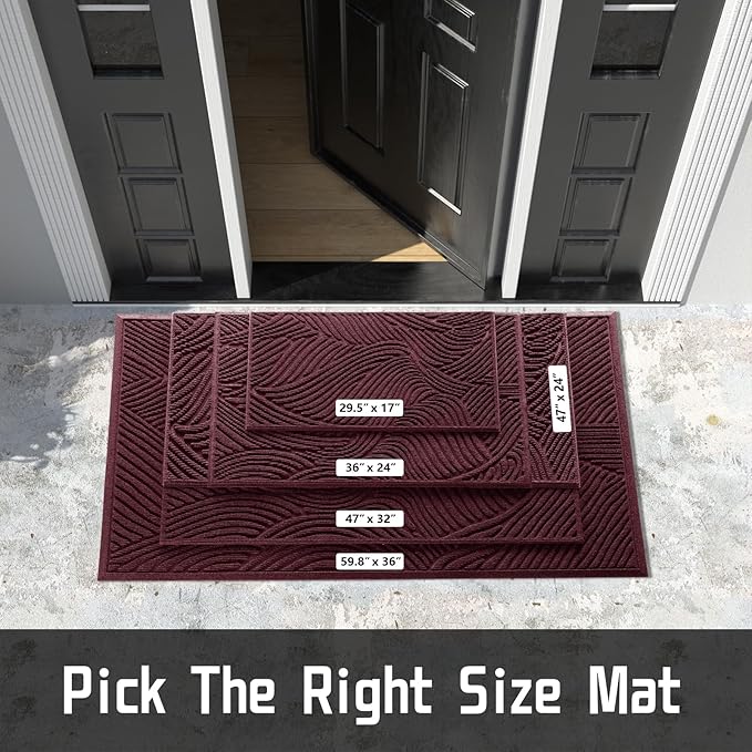 Yimobra Doormat Outdoor Entrance 29.5x17, All-Weather Waterproof Art Line Outdoor Mats for Front Door, Heavy Duty Non-Slip Welcome Matt for Garage Patio Proch Entryway Indoor, Wine
