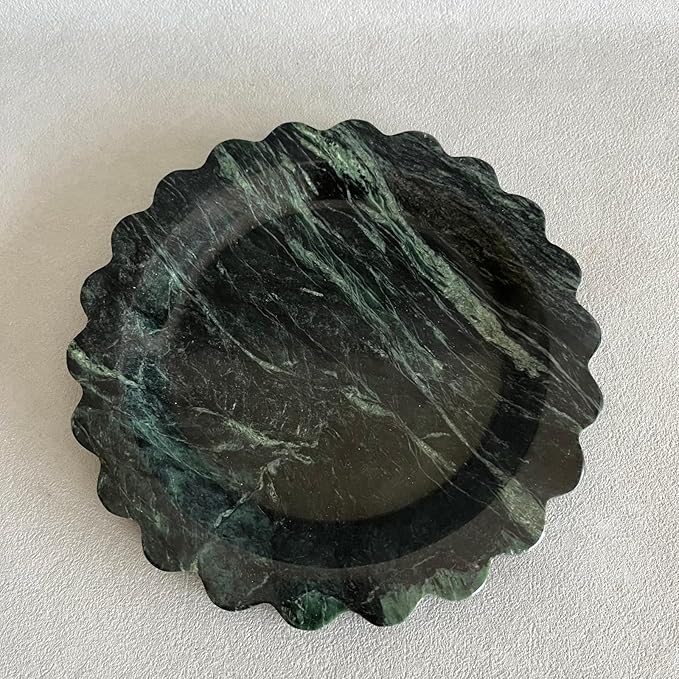 Travertine Marble Scalloped Tray Round Wave Tray Small Serving Platter for Counter, Bathroom, Kitchen, Nightstand, Jewelry Ring Dish Holder (White Dark Green)
