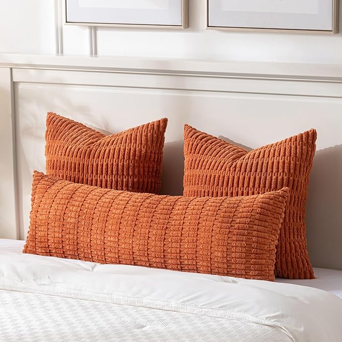 Fancy Homi Burnt Orange Long Body Lumbar Decorative Throw Pillow Cover 20x54 Inch for Bedroom Couch Bed Sofa, Farmhouse Boho Fall Room Decor, Soft Striped Corduroy Rectangle Pillow Case