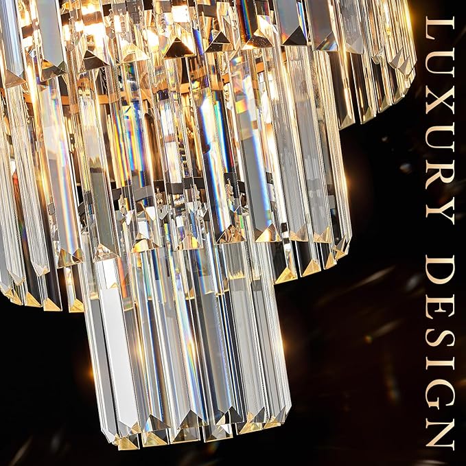 Modern Crystal Chandeliers 16" Small Black Pendant Light Luxury 3 Tiers K9 Crystal Ceiling Pendant Round Light Fixture 6-Light for Dining Room Entryway Kitchen Bedroom Closet