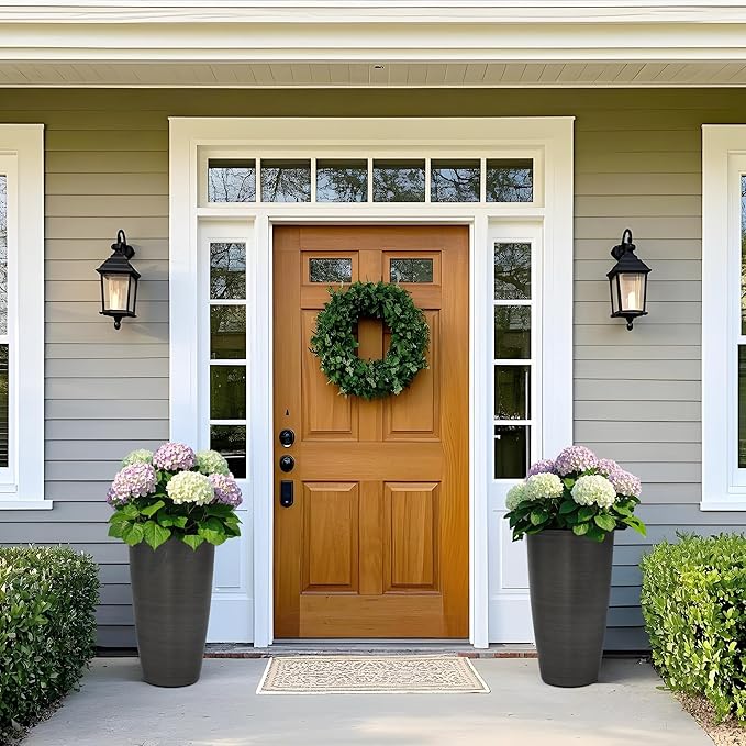 22.8" Resin Outdoor Planters (Set of 2) – Handmade Brushed Metal Finish Large Flower Pots, Durable & Weatherproof for Indoor/Outdoor Décor