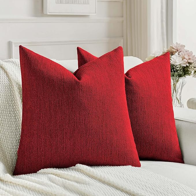 FUTEI Red Chenille Decorative Throw Pillow Covers 20x20 Inch Set of 2,Soft Cozy Faux Linen Textured Cushion Case,Farmhouse Home Decor for Couch Living Room