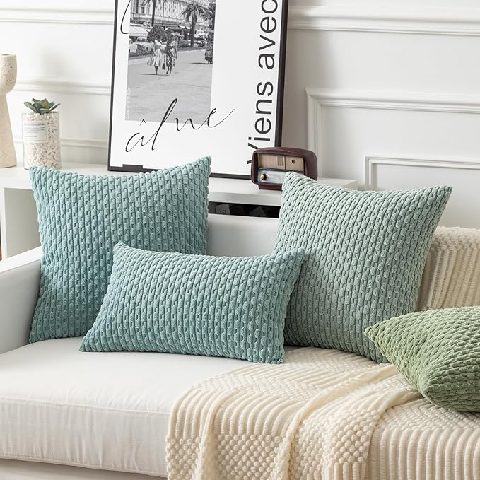 Kevin Textile Throw Pillow Covers Soft Corduroy Decorative Set of 2 Boho Striped Pillow Covers Pillowcases Farmhouse Home Decor for Couch Bed Sofa Living Room 16x16 Inch Dusty Green