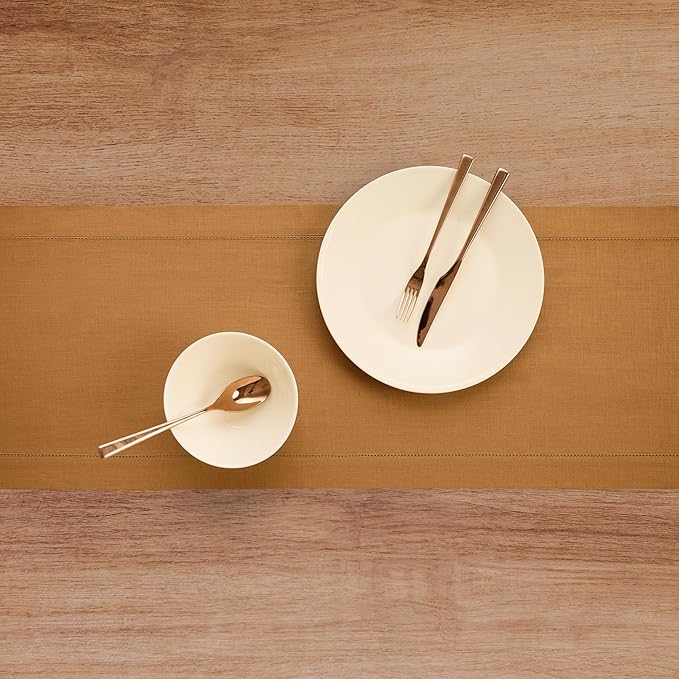 Solino Home Linen Table Runner 36 Inches - 100% Pure Linen Brown Sugar Hemstitch Table Runner 14 x 36 Inch Ideal for Dresser and Coffee Tables - Fall, Autumn, Thanksgiving - Classic Hemstitch
