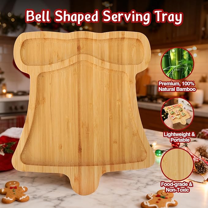 WILLKOMMEN Christmas Serving Tray, Bamboo Bell Shaped Serving Platter, Charcuterie Board Serving Dishes 10" x 9" for Party Cookie Fruit Tray Cheese Board Plate