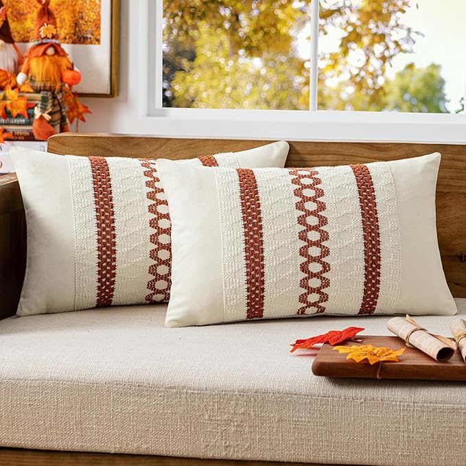 MIULEE Set of 2 Burnt Orange Fall Decorative Lumbar Pillow Covers 12x20 Inch Farmhouse Rustic Boho Couch Throw Pillows Modern Cushion Covers Retro Cute Macrame Woven Home Decor for Bed Sofa Chair