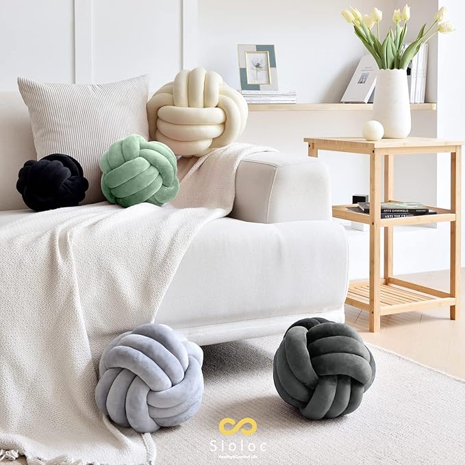Sioloc Soft Knot Ball Pillows,Round Throw Pillow Cushion Home Decoration Plush Pillow,Throw Knotted Pillow Handmade Round Plush Pillow（7.8inches,Dark Grey）
