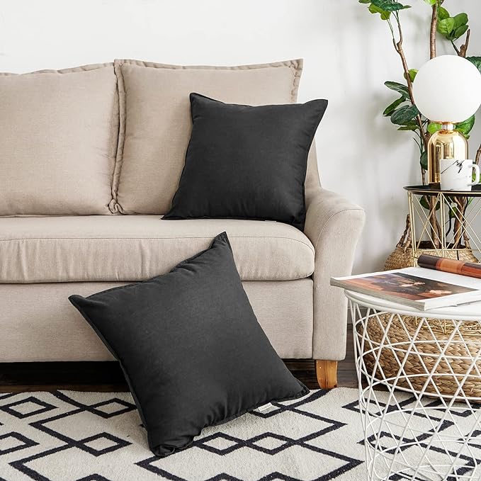 Jeanerlor Pack of 2 24 x 24 Inch Cotton Linen Soft Soild Decorative Square Throw Pillow Covers Green Cushion Case Set for Bedroom/Sofa/Car 60 x 60 cm, Black