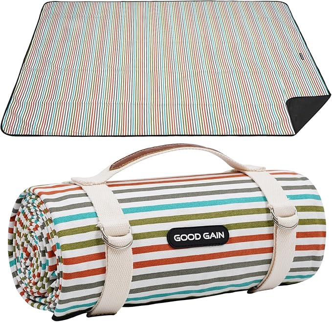 G GOOD GAIN Waterproof Picnic Blanket Portable with Carry Strap for Beach Mat or Family Outdoor Camping Party（Vibrant）