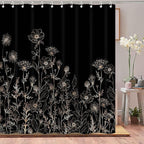 Black and Gold Vintage Boho Shower Curtain Set 72X72 Inch Black Tan Cream Floral Aesthetic Dark Wildflower Botanical Design Farmhouse Plant Art Chic Bathroom Decor