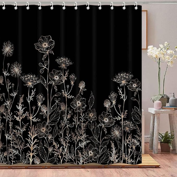 Black and Gold Vintage Boho Shower Curtain Set 72X72 Inch Black Tan Cream Floral Aesthetic Dark Wildflower Botanical Design Farmhouse Plant Art Chic Bathroom Decor