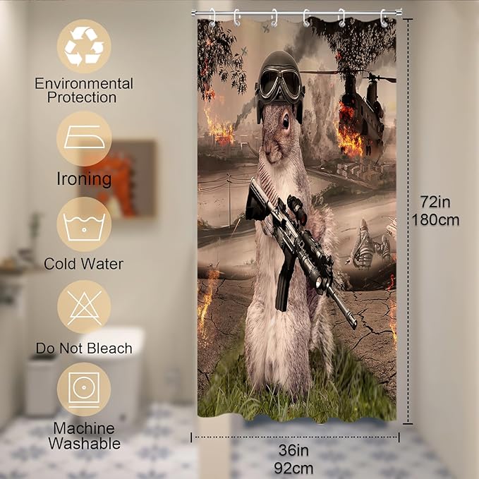 Funny Squirrel Warrior Shower Curtain Helicopter Animal Bathroom Set with 12 Hooks 72Hx36W inch Polyester Machine Washable Waterproof Brown Black and Green