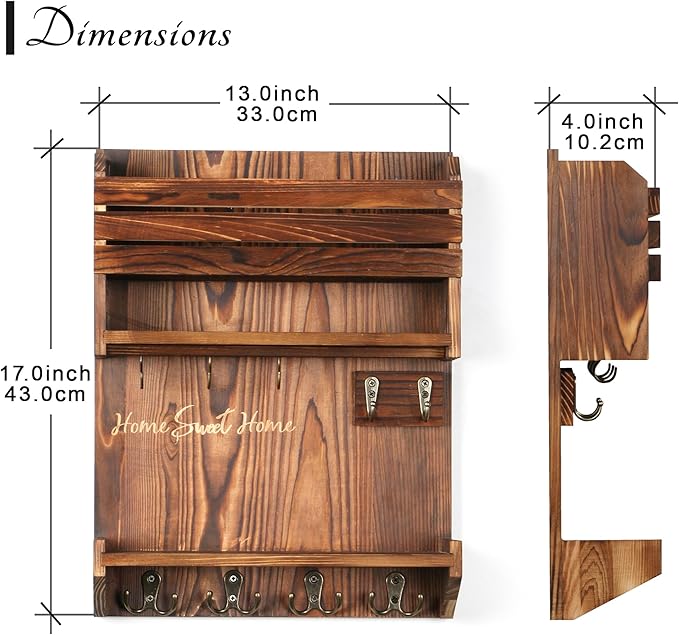 Key Holder, Wall Mounted Mail Organizer, Keys Holder on Wall with 9 Key Hooks, Umber