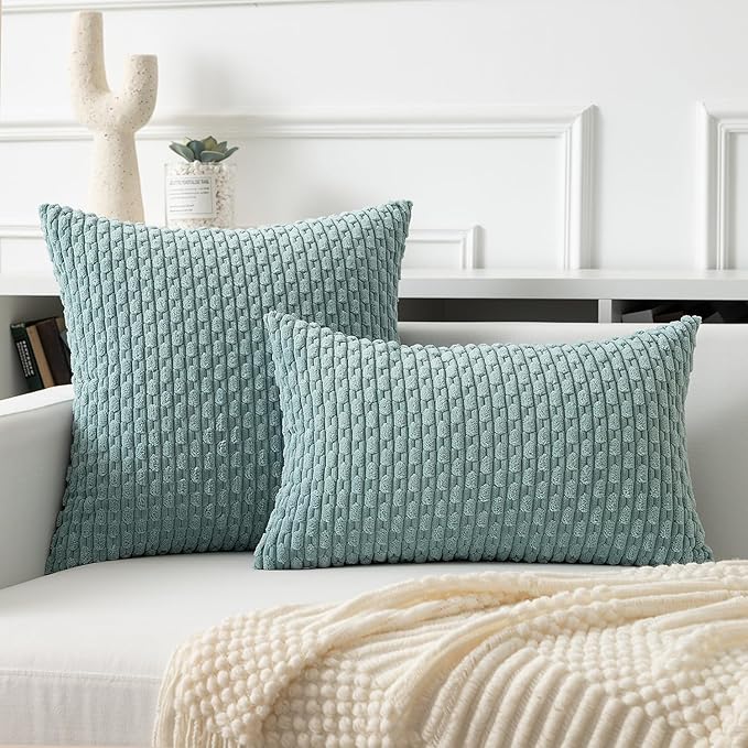 Kevin Textile Throw Pillow Covers Soft Corduroy Decorative Set of 2 Boho Striped Pillow Covers Pillowcases Farmhouse Home Decor for Couch Bed Sofa Living Room 18x18 Inch Dusty Green