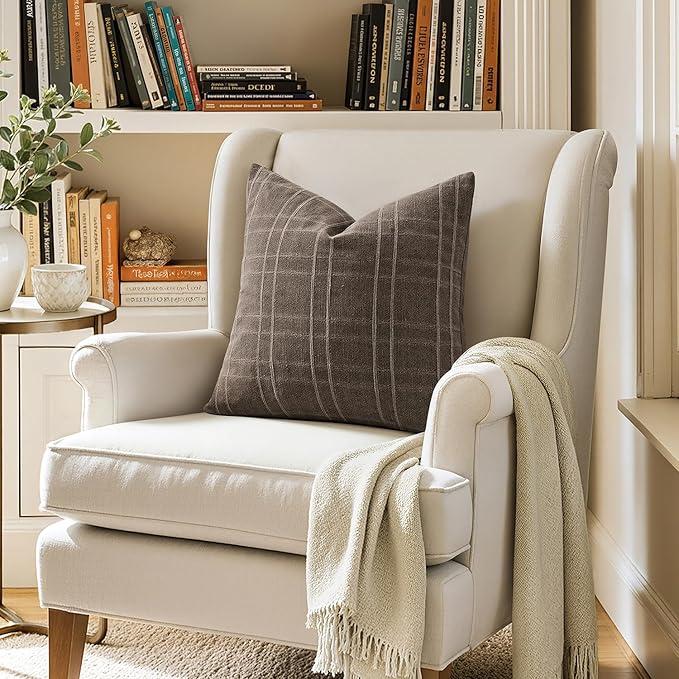 MIULEE Decorative Linen Check Euro Shams Throw Pillow Covers Neutral Farmhouse Vintage Pillow Covers 24x24 Set of 2 Boho Modern Winter Home Decor for Sofa Couch Bedroom Cushion Brown