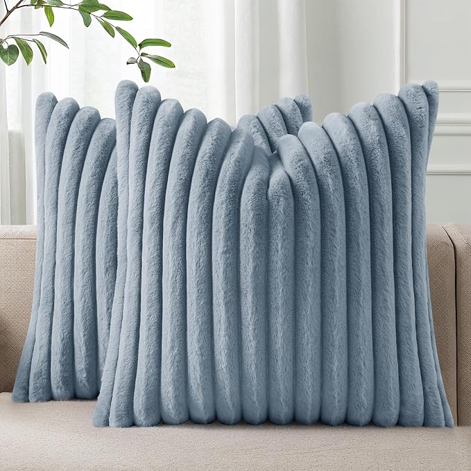 Pallene Faux Fur Plush Throw Pillow Covers 24x24 Set of 2, Luxury Soft Fluffy Striped Decorative Pillow Covers for Sofa, Couch, Living Room, Blue Grey