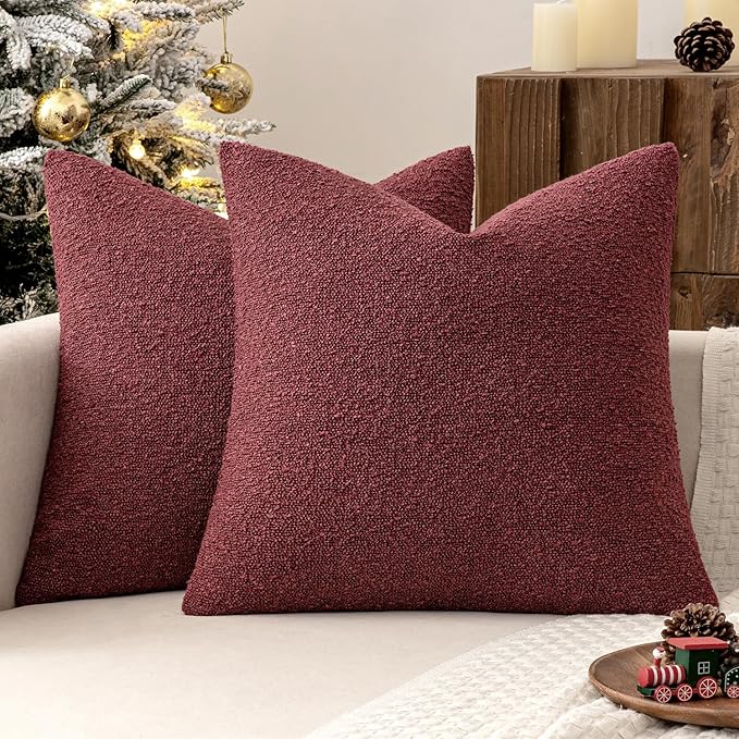 MIULEE 18x18 Inch Christmas Decorative Pillow Covers for Couch Bed Set of 2 Textured Boucle Neutral Winter Throw Pillows Burgundy Accent Solid Cushion Pillowcases Sofa Livingroom Home Decor
