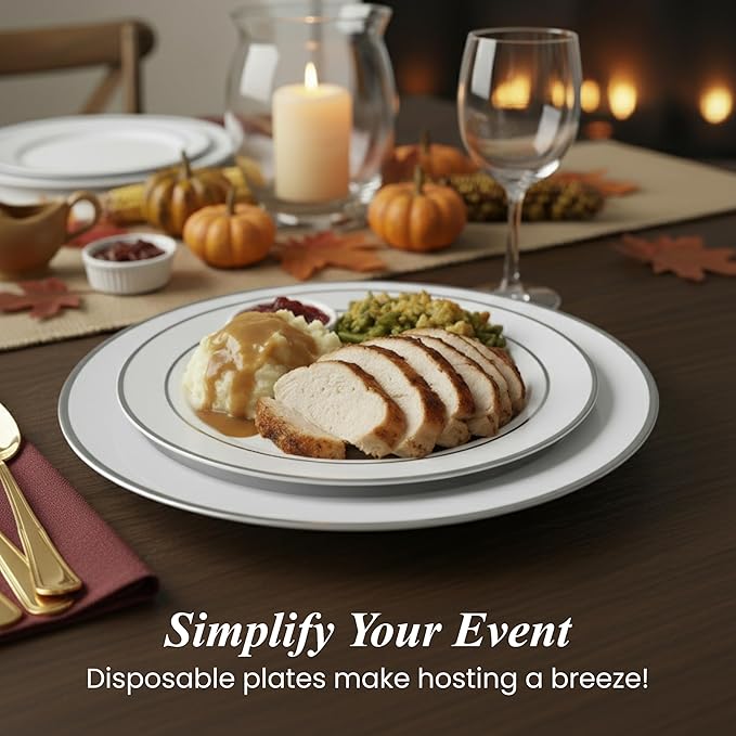 Aya's 100 Silver Rimmed Disposable Dinner and Dessert Plates Set - 50 Large and 50 Small Heavy Duty Plastic Plates - Elegant Design for Weddings, Parties, Events - Durable and Stylish