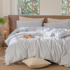 MooMee Striped Duvet Cover Set 100% Washed Cotton Linen Like Textured Breathable Durable Soft Comfy (Cornflower Blue White Classic Stripes, Alaska King 132"x120")