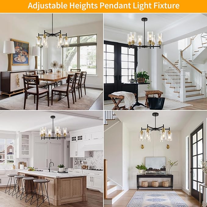 Farmhouse Chandeliers for Dining Room Black Chandelier 6 Light Dining Room Light Fixture with Clear Glass Shades Gold Pendant Lights for Kitchen Island Living Room Entryway Staircase