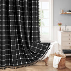 MitoVilla Black Boho Extra Long Shower Curtain 72 x 84, Modern Farmhouse 84 inch XL Polyester Linen Texture Tassel Fabric Shower Curtain Set with Hooks for Cottagecore Country Bathroom Decor